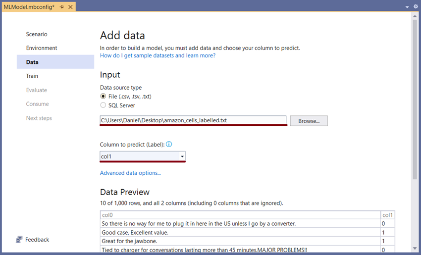 Sentiment analysis in an ASP.NET web application with ML.NET